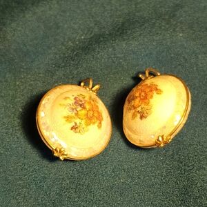 Gold-Tone Floral Porcelain Drop Earrings - Cream and Gold